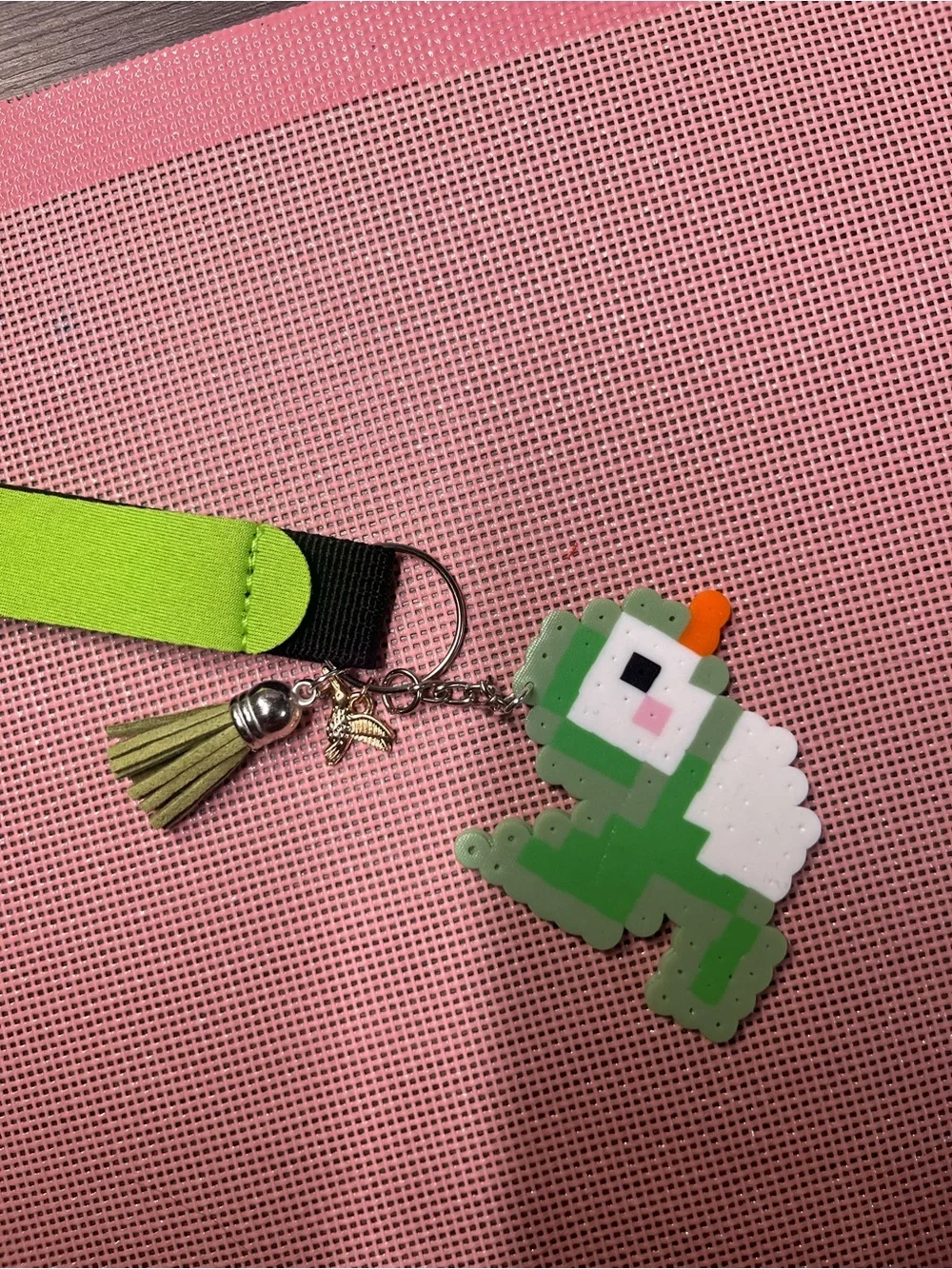 Green Pixel Bird Keychain with Tassel - Kids Accessory
